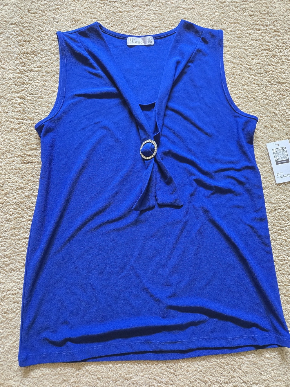 89th & Madison Sleeveless Electric Blue V-Neck Tank with Ring Detail